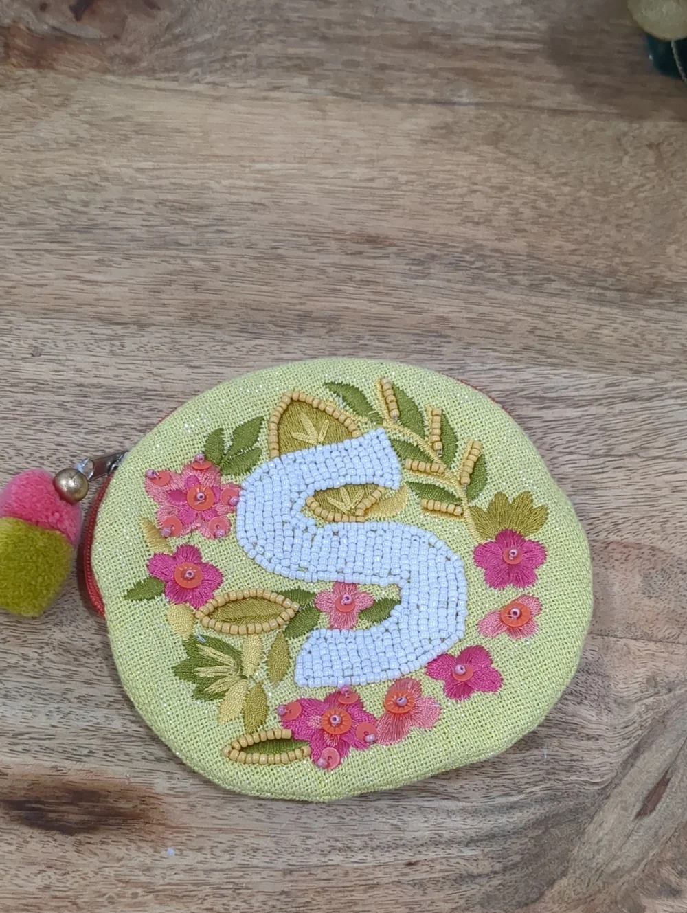 Anthropologie Yellow Embroidered Floral 'S' Coin Pouch